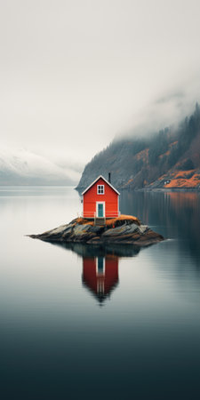 red lake house, scandinavian style. Image for a poster or postcard. Generative AIの素材