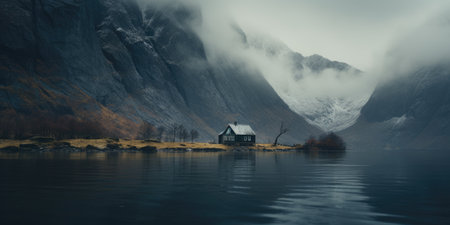 lake houses, scandinavian style. Minimalism.Image for a poster or postcard. Generative AIの素材