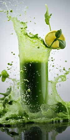 splash of apple juice with lemon, close-up, juice in a glass on a dark background. Generative AIの素材
