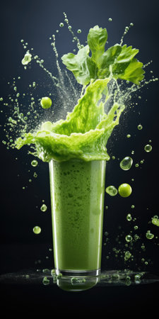 splash of apple juice with lemon, close-up, juice in a glass on a dark background. Generative AIの素材