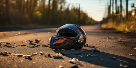 Photo of helmet and motorcycle on road, the concept of road accidents. Generative AIの素材