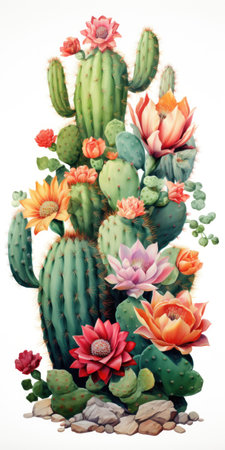 Vertical drawing of a blooming cactus on a white background. Watercolor. Generative AIの素材