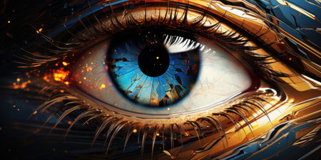Two-dimensional image of a woman's eye. Reflection in the eyes of a girl, a cyborg. Generative AIの素材