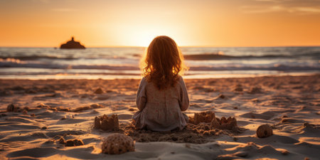 A little girl plays on the beach with sand. Setting sun. Generative AIの素材