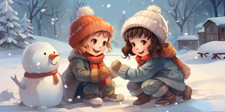 little kids building a snowman, watercolor illustration. High quality photo. Generative AIの素材