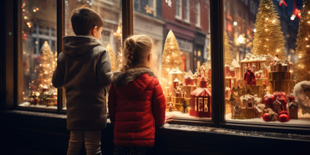 small children look at the window of a store with New Year's toys, Christmas. Generative AIの素材