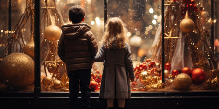 small children look at the window of a store with New Year's toys, Christmas. Generative AIの素材
