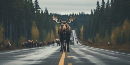 Moose cross the road. Conservation of wild animals. Safe driving. Generative AI.の素材