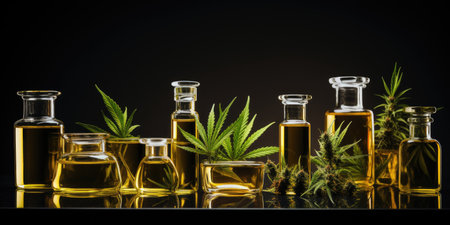 image of eco hemp oil and hemp leaves on a yellow background. High quality photo. Generative AIの素材