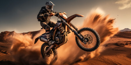 Extreme motorcycle riding. Racer in the sandy desert. High quality. Generative AIの素材