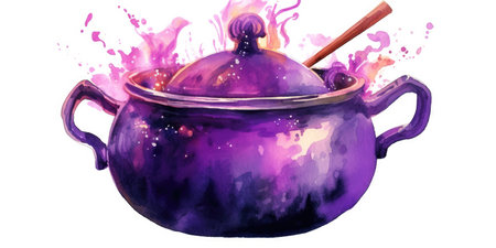 Purple potion cauldron. Drawing on the theme of Halloween in watercolor technique. High quality photo. Generative AIの素材