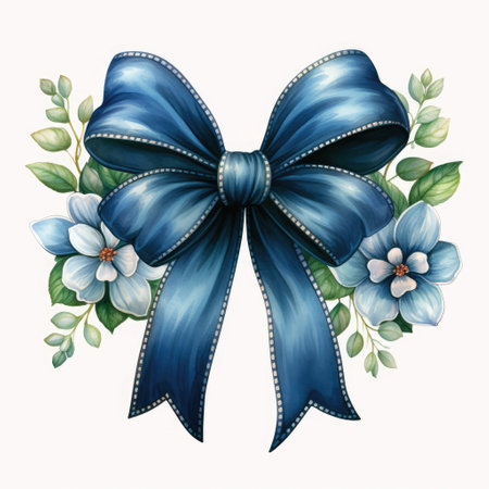 Beautiful simple blue bow with flowers. Watercolor drawing. High quality photo. Generative AIの素材