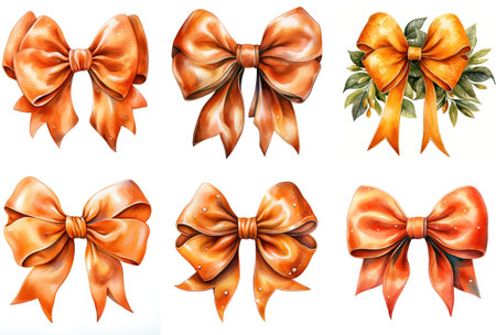 Set of different orange bows. Christmas Watercolor. High quality photo. Generative AIの素材
