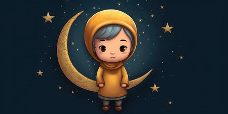 The theme of Eid-al-Adha, the Feast of Sacrifice. Illustration of a cute Muslim girl in cartoon style. Generative AIの写真素材