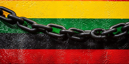 Freedom Day, Emancipation Day or Black Independence Day, chains on africa national colors background. Generative AIの素材