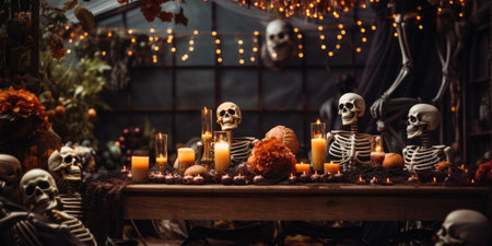 mystical party in Halloween style, table decoration. High quality photo. Generative AIの素材