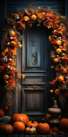 A wonderfully mysterious door decorated with pumpkins for Halloween. Generative AIの素材
