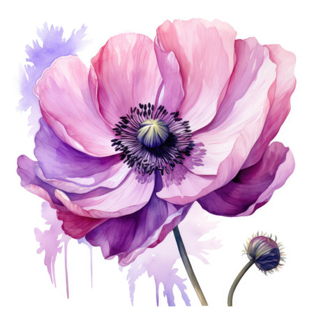 Magnificent delicate anemone flower on a white background close-up, watercolor drawing. Generative AIの素材