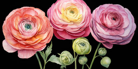 Ranunculus pink on a black background. Generative AI.の素材