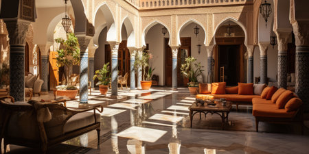 courtyard with pool, surrounded by arched openings, African architecture riad.Generative AIの素材