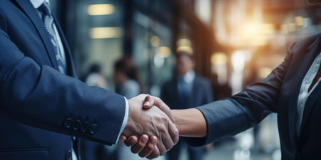 Two business people shaking hands. Woman and man shaking hands, business theme. Generative AIの素材