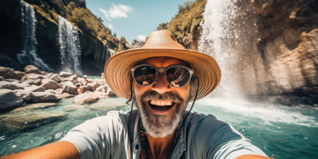 old happy man in a hat takes a selfie in nature. Travel theme. High quality photo. Generative AIの素材