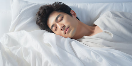 An Asian man in white clothes lies on a white bed and sleeps happily. Generative AIの素材