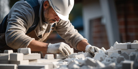 A male builder in a white helmet installs bricks, the theme is construction. Generative AIの素材