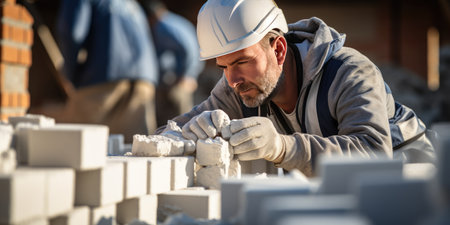 Male architect in a hard hat, construction and design of a building close-up.Generative AIの素材