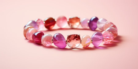 Beautiful simple bracelet for a girl made of pink stones on a pink background. Generative AIの素材