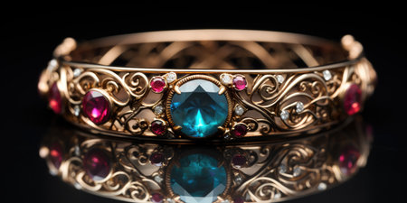 magnificent expensive bracelet made of gold and precious stones on a dark background.Generative AIの素材