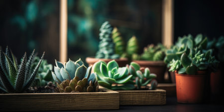 Beautiful different succulents on a wooden table in the garden. Generative AIの素材