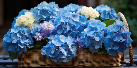 Blue hydrangeas in a basket close-up, magnificent flowers. Generative AIの素材