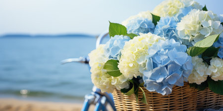 Bouquet of blue hydrangeas in a basket close-up of a bicycle near the ocean. Generative AIの素材