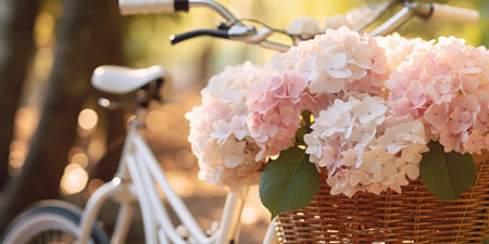 Horizontal banner of hydrangeas in a basket close up. High quality photo. Generative AIの素材