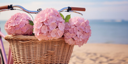 romantic photo of hydrangeas in wicker bicycle basket on the ocean. Romantic walks. Generative AIの素材