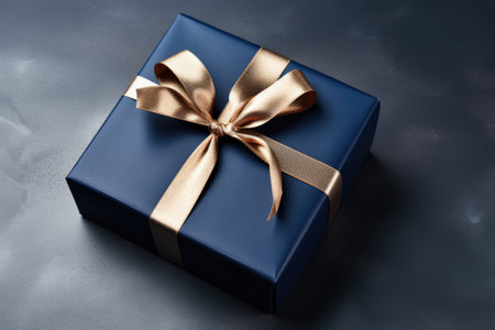 blue gift box with silk ribbon for christmas on dark background, top view, Generative AIの素材