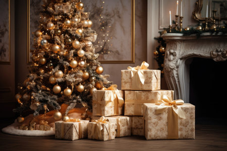 Christmas tree and gifts in the interior of the room with a fireplaceの素材
