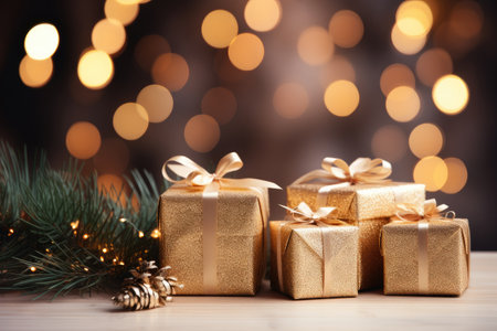 Golden gift boxes and pine cones on a blurred festive, Christmas background. Generative AIの素材