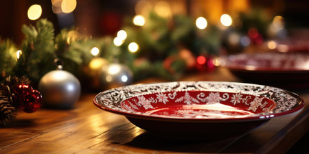 Beautiful red plates with a Christmas pattern, New Year's table decoration, Holiday. Generative AIの素材