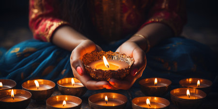woman with oil lamp during Diwali. Happy Festival Holiday background. Generative AIの素材