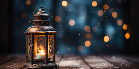 Beautiful vintage lantern on a snowy wooden background. place for text. Generative AIの素材