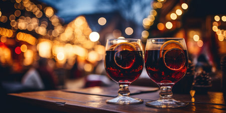 A glass of mulled wine with a slice of orange on the background of a Christmas market.の素材