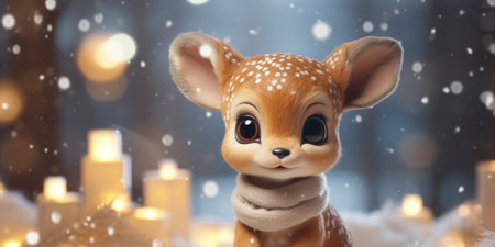 little deer in a scarf on a snowy background, winter Christmas holiday.の素材
