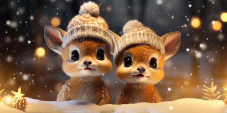 Two little deer in a hat on a snowy winter background, winter holidays.の素材