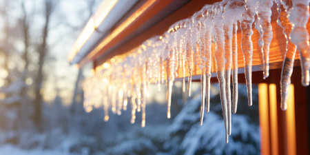Icicles in the rays of the sun on the roof of a house in cold winter, winter dawn.の素材