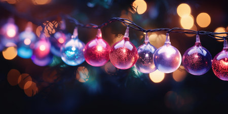 Christmas round garlands with bokeh on a dark background. Decoration for the New Year.の素材