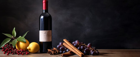 A bottle of red fruit wine on the table close-up. Fruits and spices. Place for text.の素材