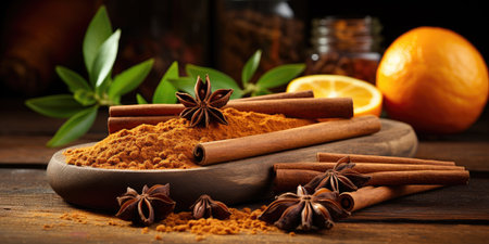 Cinnamon sticks, star anise and orange on a wooden tableの素材