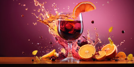 Splash of cocktail with fruits and spices on a bright background, close-up.の素材